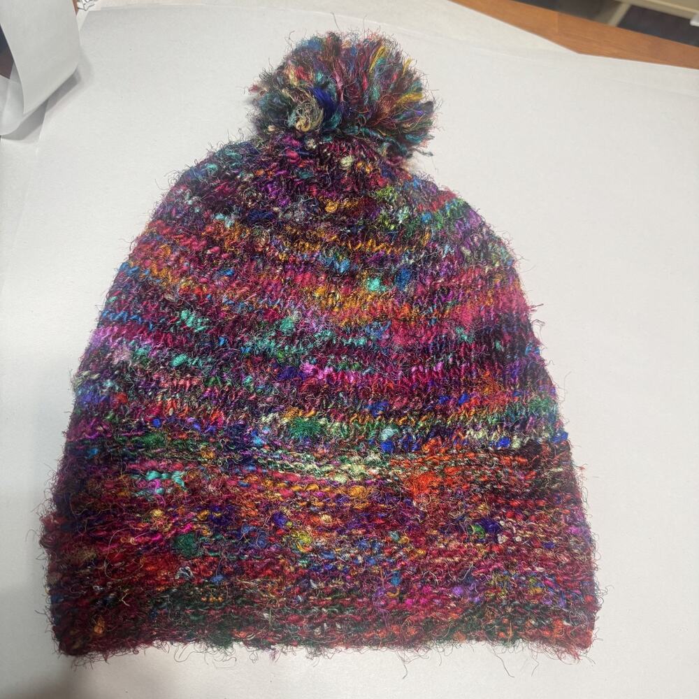 Lakhays Handmade Silk Beanie Hat Pom Pom Multicolor Nepal Winter unisex one size